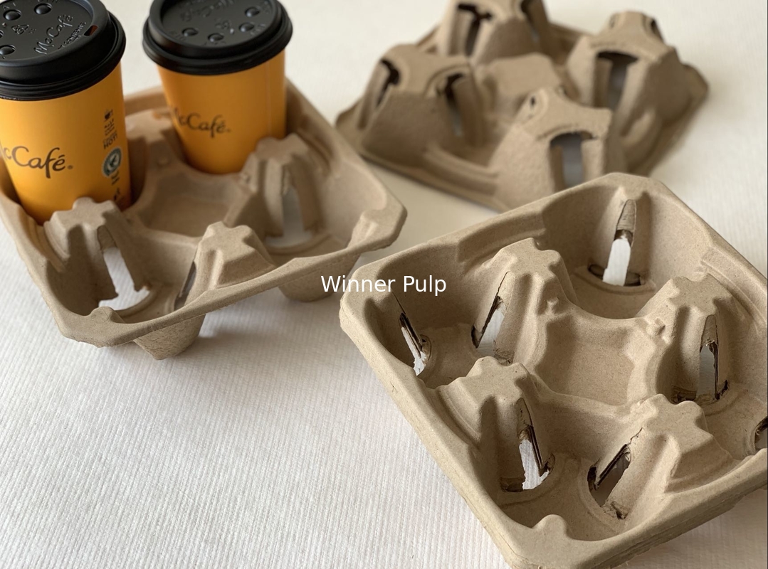 Eco Friendly Dry Press Molded Pulp Cup Holders Carriers 4 Cup Recyclable